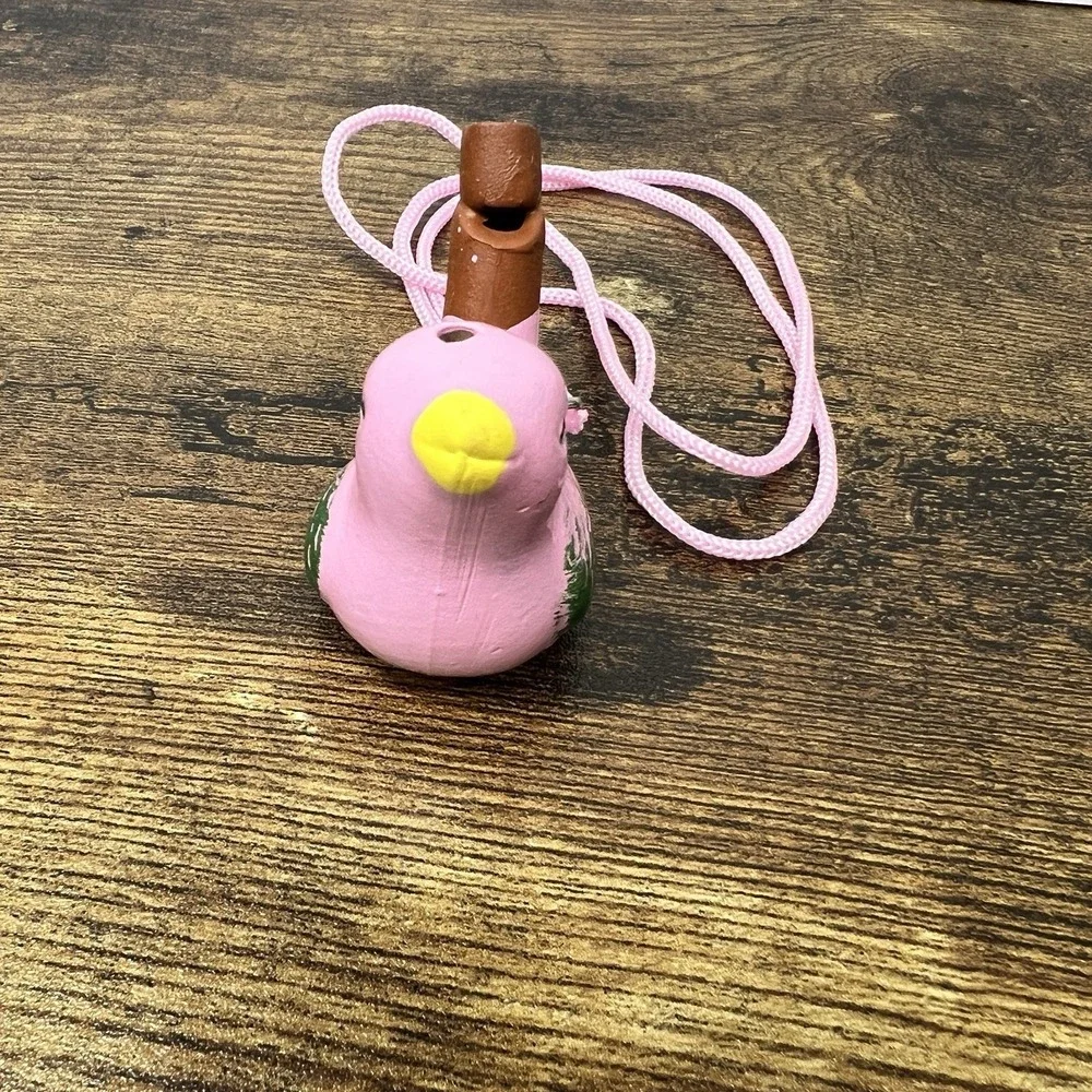 Ceramic Bird‎ Whistle Pink Folk Art Ocarina Necklace Green Yelllow